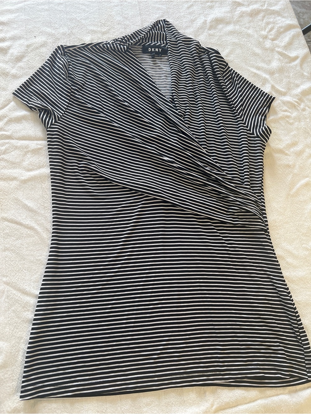 DKNY Black and White Striped Short-Sleeve Wrap Top
